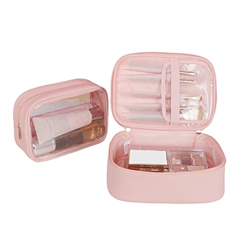 2 Stück/Set Kosmetiktasche 2 in 1 Reise-Make-up-Tasche mit Reißverschluss, tragbar, große Kapazität, Kosmetikpinseltaschen mit Griff für Frauen, Rosa von lamphle