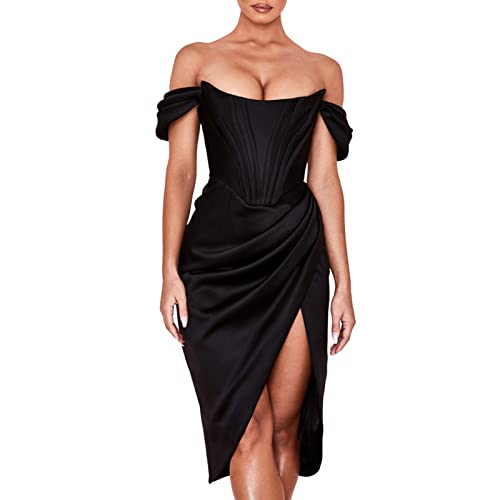 lamphle Formelles Damenkleid, Mädchen, drapiert, Satin, Sommer, schulterfrei, Schlitz, Korsett, Kleid für Cocktailpartys, Schwarz von lamphle