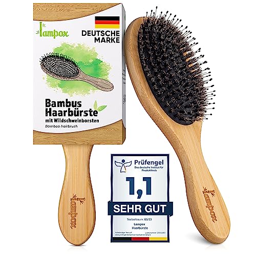 Bambus Haarbürste mit Wildschweinborsten Kopfmassage Haarpflege, Entwirrbürste für lange Haare & Locken von Damen, Herren & Kinder, Massagebürste für die Kopfhaut, Detangler (oval) von lampox