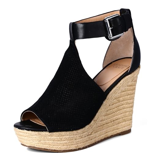 landing craft Damen Peep Toe Plateau Sandalen Sommer Verstellbare Schnalle Knöchelriemen Espadrilles Keilsandalen, Schwarz, 9.5 Narrow von landing craft
