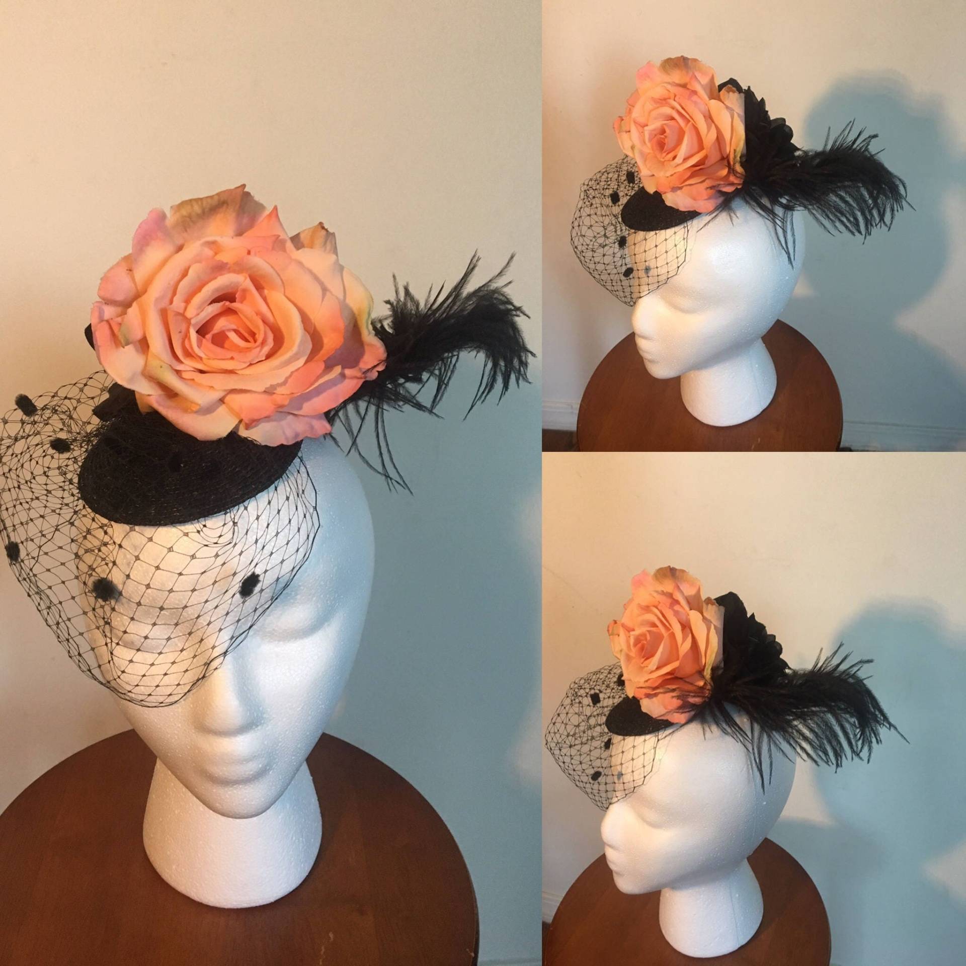Wunderschöne Verschleierte Fascinator Hut - Pastell Rosa Und Schwarzen Partei Kopfstück, Perfekter Zustand Wunderschöne Verschleierte Fascinator Hut - Pastell Rosa Und Schwarzen Partei Kopfstück, Perfekter Zustand von laparisiennecloset