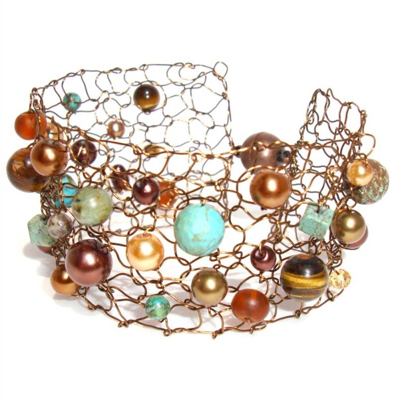 Hand Gestricktes Türkis Armband Kupferdraht, Edelstein Perlen Schmuck von lapisbeach