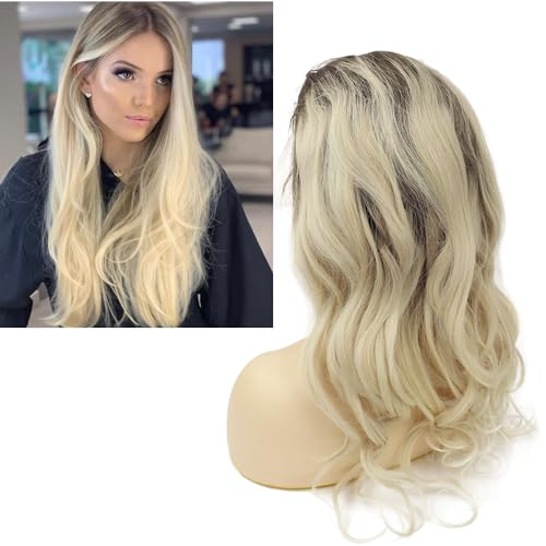 Larafona Perücke Damen Ombre Blonde 100% Echthaar Lockig Glueless Lace Front Wig Curly Transparent Lace 20inch/50cm von LARAFONA