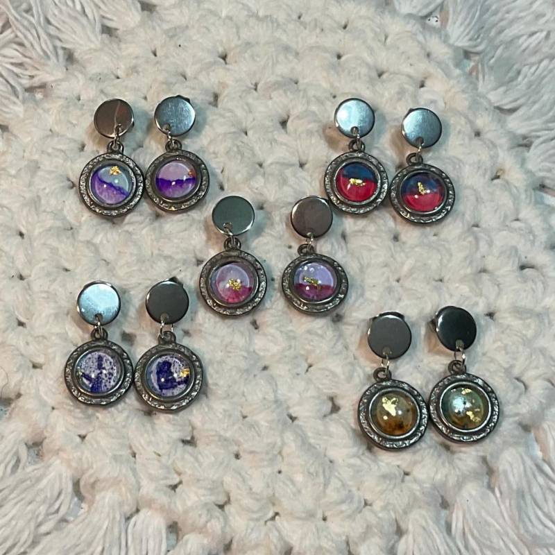 12 Mm Ohrstecker Aus Zinn Und Edelstahl Mit Aquarell Blattgold, Runde Glascabochons, Schmuck Ba338 von lartdembellir