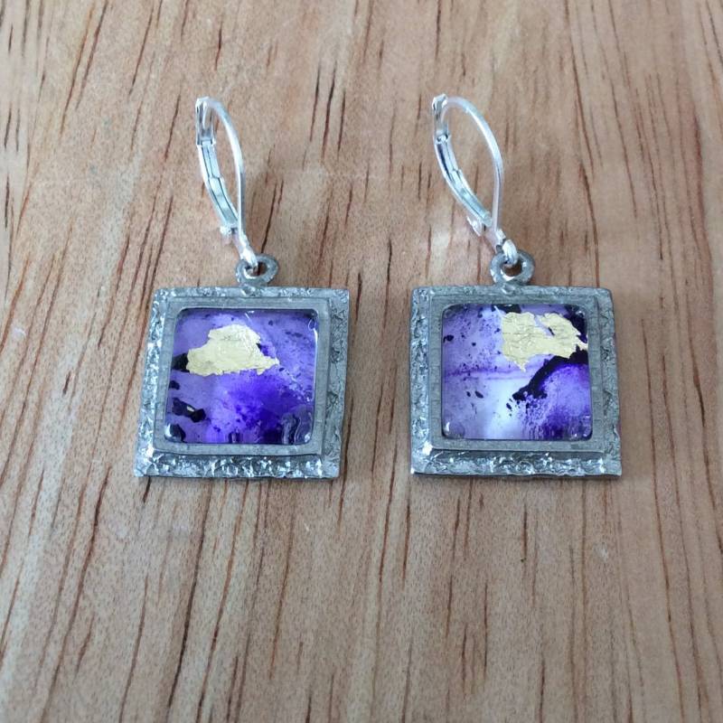 Ohrringe Zinn Edelstahl Aquarell Quadrat Glas Cabochon Blattgold Schmuck Die Kunst Der Verschönerung Ba90/131 von lartdembellir
