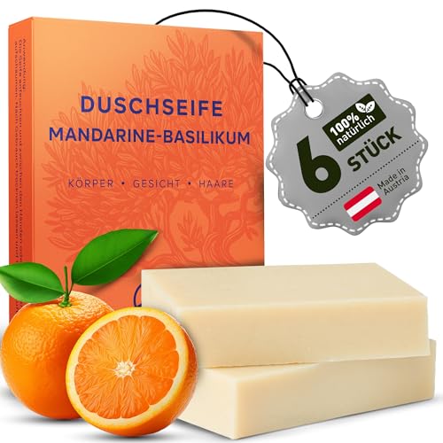 larum sports feste Duschseife Frauen Mandarine-Basilikum – festes Duschgel – feste Seife für Haare, Körper, Gesicht – festes Shampoo – Naturseife Damen – 6x Seife Stück à 85g von larum sports