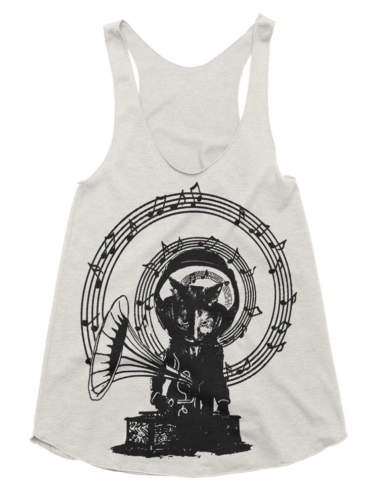 Musik Katze Plattenspieler Tri-Blend Racerback Tank - Work Out Jogging Tanktop Katzen Top von lastearth