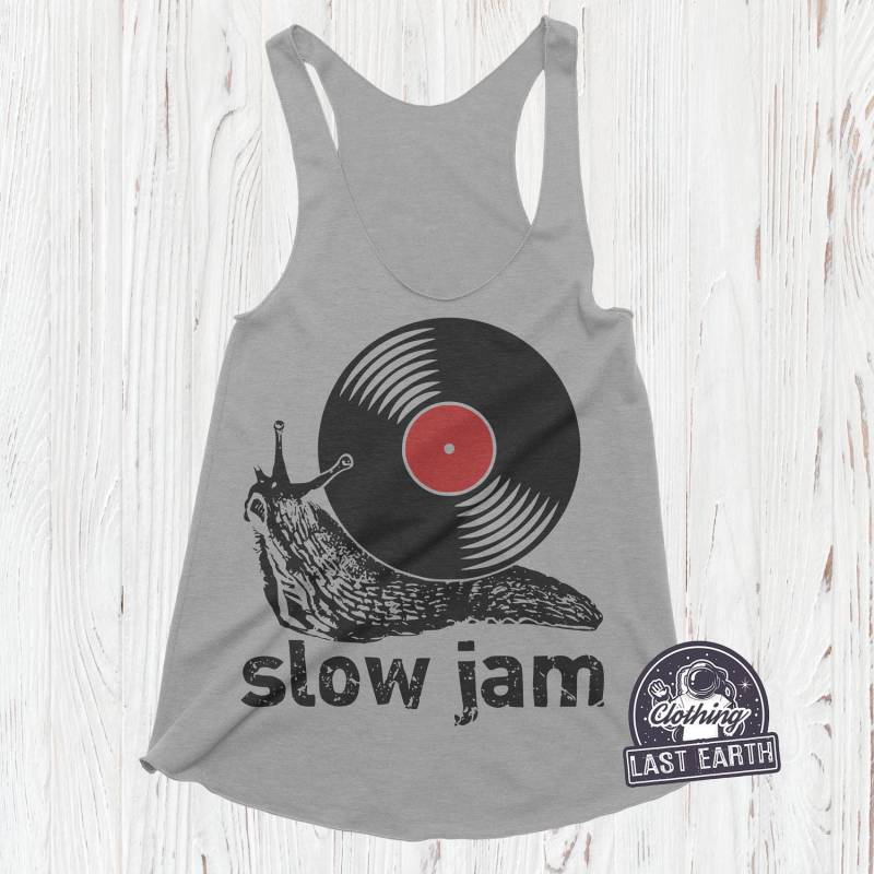 Slow Jam Tank Top, Musik Shirt, Damen Tops, Sommer Tank, Vintage Vinyl Lustiges Schnecken Racerback Laufshirt von lastearth