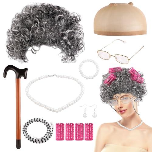 Perücken Kostümset für Alte Damen, 100 Tage Schulkostüm Oma Kostüm Perücke Cosplay Set für Alte Damen mit Brille Ohrringen Halskette Armband Gehstock für Halloween Maskerade Cosplay von lasuroa