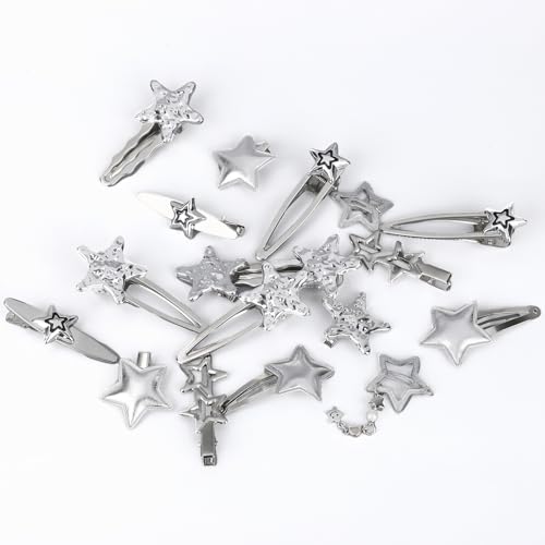 lasuroa 18 Stück Y2K Stern Haarspangen, 2000er Retro Stil Silber Stern Haarspangen Punk Kawaii Y2K Haarschmuck für Frauen Mädchen Langes Kurzes Lockiges Gewelltes Styling von lasuroa