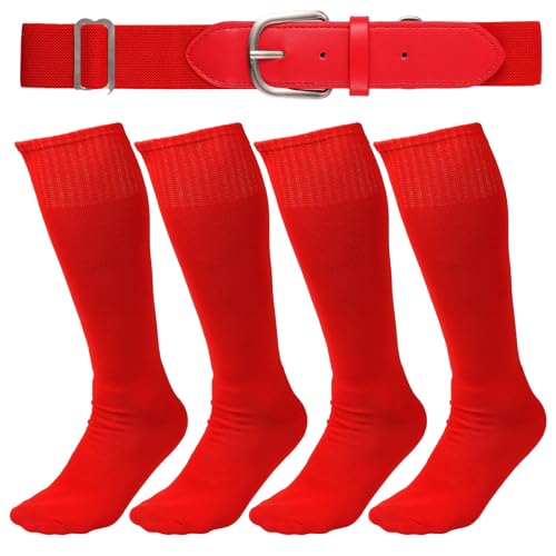 lasuroa 2 Paar Baseball-Socken und Gürtel, 26x15cm Rote Softball-Socken Elastischer Taillengürtel Verstellbare Baseball-Softball-Socken und Gürtel-Kombi-Set für Jungen und Mädchen von lasuroa