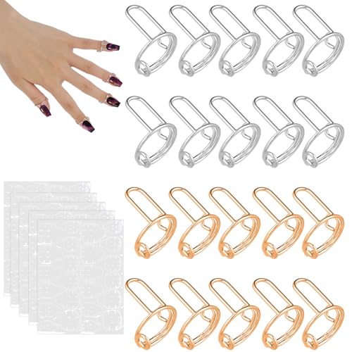 lasuroa 20stk Nagel Ringe, Verstellbare Damen-Nagelringe mit 120stk Klebeblättern Wiederverwendbare Abnehmbare Nagelringe Tragen von Nagelkunstzubehör zur Dekoration (Gold und Silber) von lasuroa