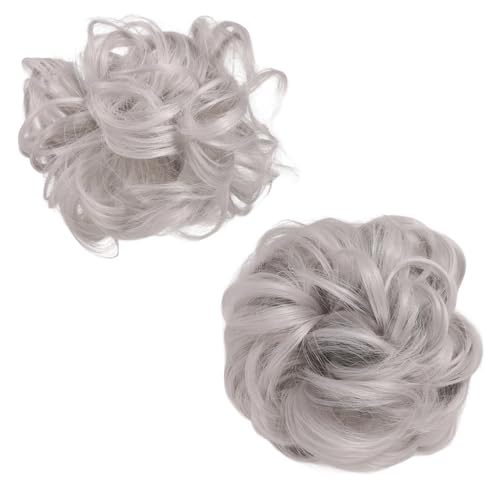 lasuroa 2er Set Unordentlicher Dutt Haarteil, Haarverlängerung Kralle Clip Synthetisch Lockig Wellig Hochsteckfrisur Chignon Haargummi Zopfverlängerung für Damen (Grau) von lasuroa