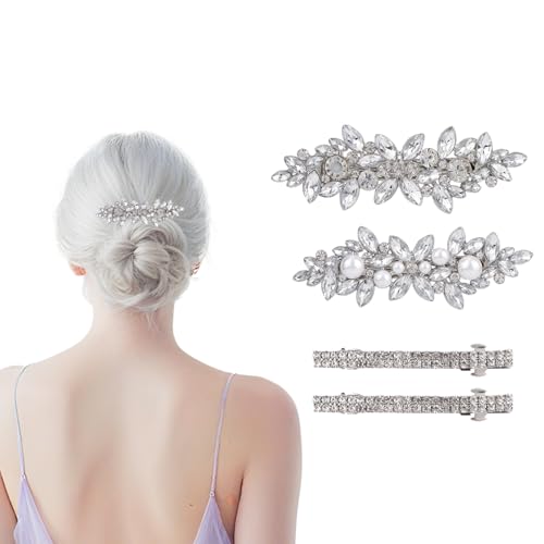 lasuroa 4st Haarspangen Damen Strass, Perlen Haarschmuck Strass Glitzernd Haarnadeln Braut Silber Kristall Haarnadeln Accessoires für Bräute Brautjungfern und Mädchen von lasuroa