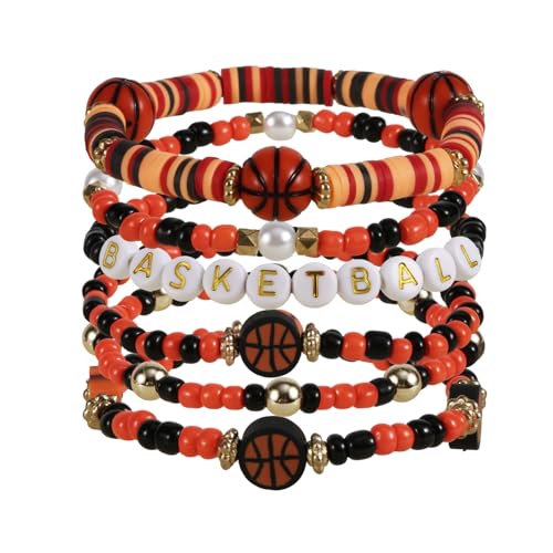 lasuroa 6 Stück Armbänder Sportmotiven, 6 Stile Verstellbare Sportarmbänder mit Dehnbaren Perlen Stapelbarer Schmuck für den Spieltag für Partygeschenke mit Teamgeist Accessoires (Basketball Stil) von lasuroa
