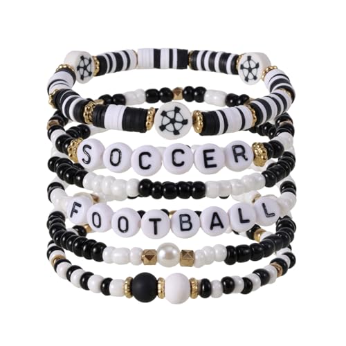 lasuroa 6 Stück Armbänder Sportmotiven, 6 Stile Verstellbare Sportarmbänder mit Dehnbaren Perlen Stapelbarer Schmuck für den Spieltag für Partygeschenke mit Teamgeist Accessoires (Fußballstil) von lasuroa