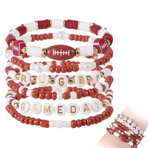 lasuroa 6 Stück Armbänder Sportmotiven, 6 Stile Verstellbare Sportarmbänder mit Dehnbaren Perlen Stapelbarer Schmuck für den Spieltag für Partygeschenke mit Teamgeist Accessoires (Rugby-Stil) von lasuroa