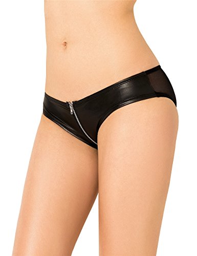 lau-fashion Damen Wetlook Transparent Slip Panty Lack Leder Reißverschluss Schwarz Dessous S/XL Größe L/XL von lau-fashion