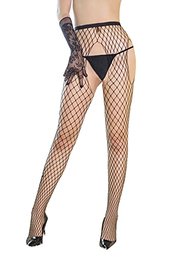 lau-fashion Schwarze Netzstrumpfhose Fishnet Strapse Strümpfe mit Fuß Halterlos Nylon S-M-L von lau-fashion