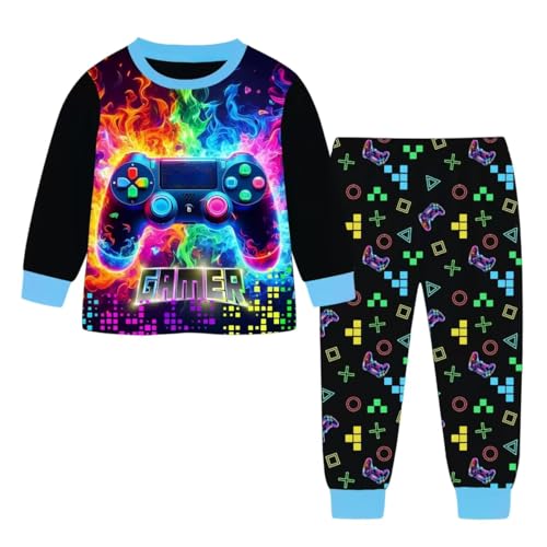 laughZuaia Kinder Schlafanzüge für Jungen Spiel Schlaf Essen Langarm Top Hose Pjs Set 3D Controller Graffiti Nachtwäsche 7-14Y(10t,blau1) von laughZuaia
