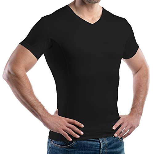 laulas Anti-Schweiß Funktions-Unterhemd Light Herren, T-Shirt mit Innenschicht aus saugstarkem Frottee gegen Achselnässe, V-Ausschnitt, schwarz, M von laulas