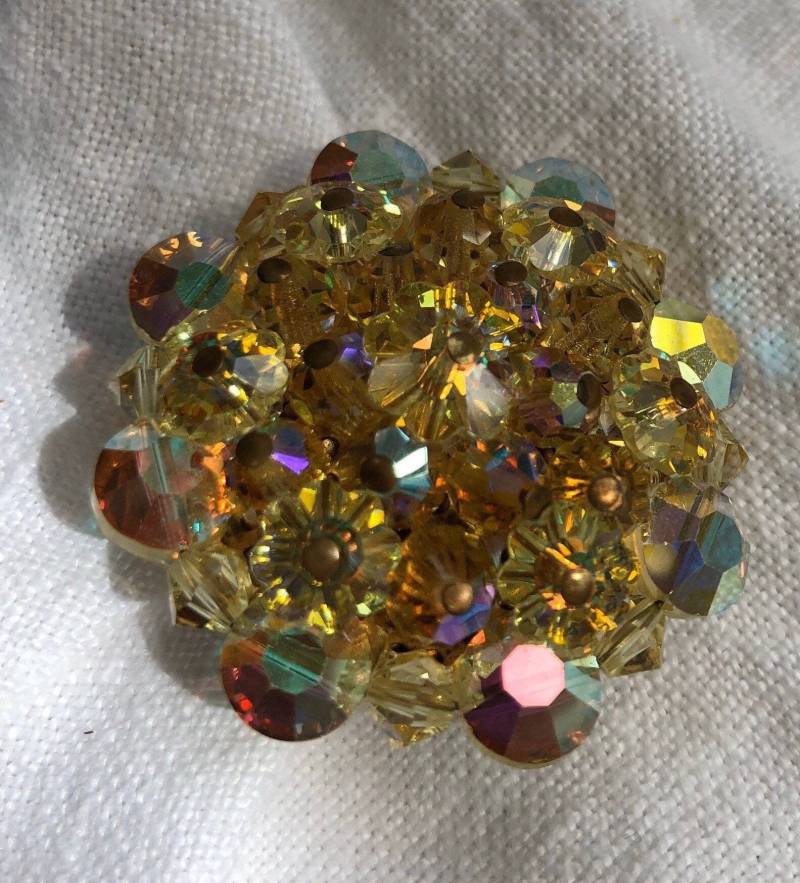 Vintage Gelb Strass Margarita Kristall Perle Brosche Aurora Borealis von lauraab51