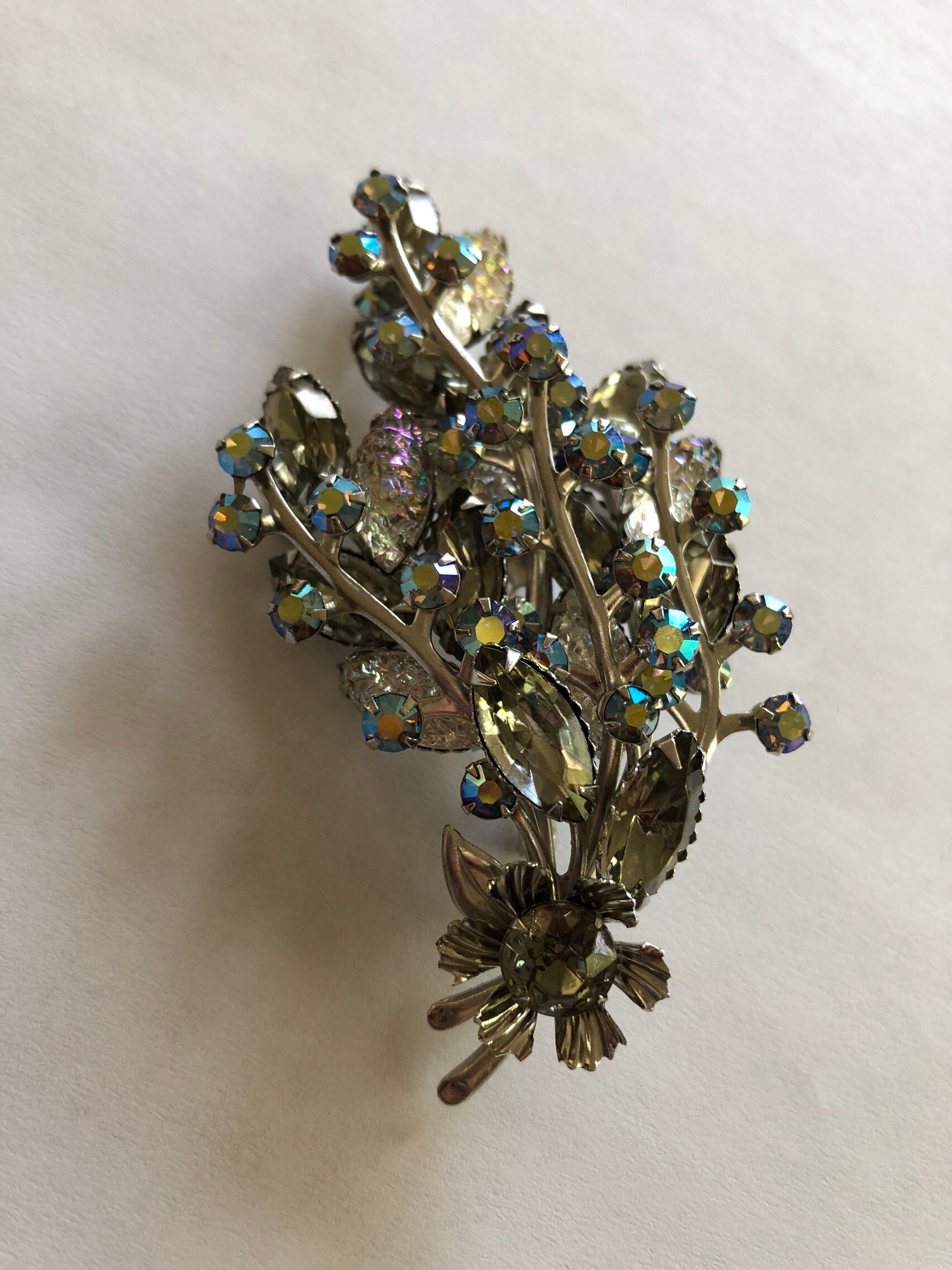 Vintage Grau Strass-Blumen-Spray-Blumenstrauß-Brosche Geformt Glas Ab von lauraab51
