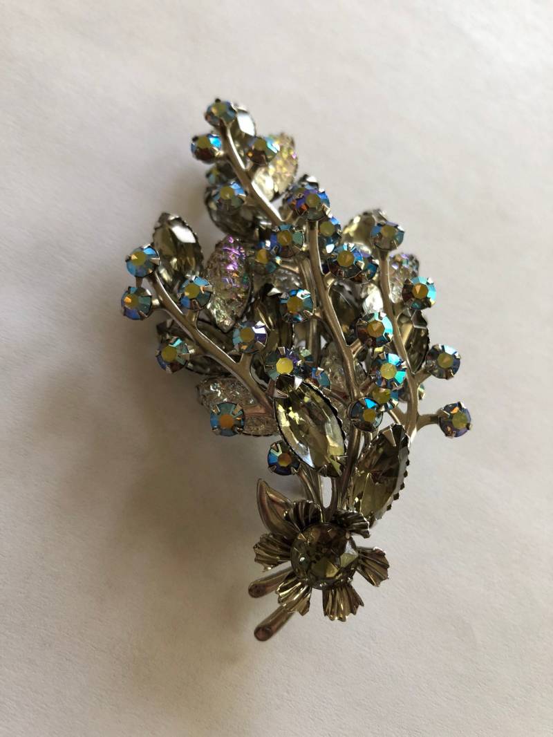 Vintage Grau Strass-Blumen-Spray-Blumenstrauß-Brosche Geformt Glas Ab von lauraab51