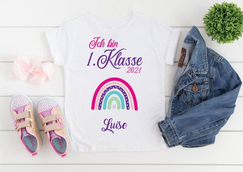 T-Shirt Zur Einschulung Schulkind 2022 Mit Namen Regenbogen/Einschulungsshirt Erster Schultag von lauramariestyle