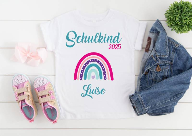 T-Shirt Zur Einschulung Schulkind 2025 Mit Namen Regenbogen/Einschulungsshirt Erster Schultag von lauramariestyle