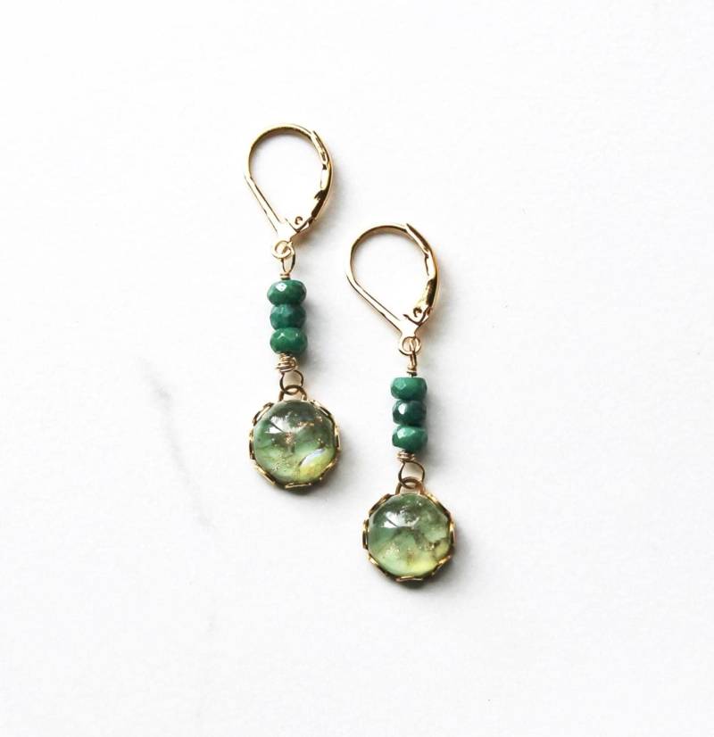 Smaragd Ohrringe Vintage Grünes Glas, 14K Gold Fill - Schmuck von laurastark