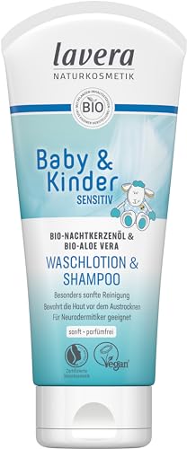 lavera Baby Sensitiv Waschlotion & Shampoo - für Babys mit Bio-Aloe Vera - Besonders sanfte Reinigung - hautschonend - zertifizierte Naturkosmetik - vegan - 200ml von lavera