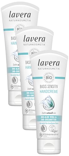lavera basis sensitiv Handcreme - mit Bio-Aloe Vera & Bio-Sheabutter - zieht schnell ein - langanhaltende Feuchtigkeit - intensive Pflege - Naturkosmetik - vegan - Bio (1 x 75 ml) (Packung mit 3) von lavera