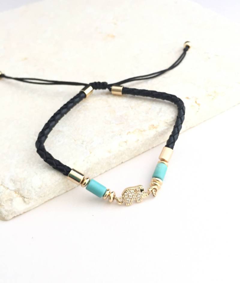 Elefant, Crystal Elefanten Armband, Gedrehte Knotenarmband, Ziehen String Leder Schwarzes Bettelarmband von layersofartisan