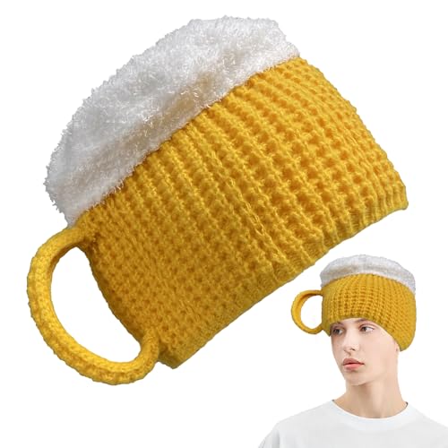 Bierhut Mit Henkel,Lustige 3D Bierkrug Hut,Funny 3D Beer Mug Knitted Glove Gift,Hand Knit 3D Beer Mug Socks,Bierkrug Socken,Gestrickte Plüsch Mütze Strickmütze Warme Wintermütze Für Männer Und Frauen von layue