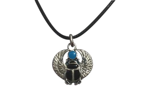 Ägyptischer geflügelter Skarabäus mit Halskette – handgefertigter Glücksbringer Talisman Symbol der Auferstehung – Anhänger schwarz hellblau versilbert Höhe 3 cm, M, Zamak, Kein Edelstein von lazzaro italy