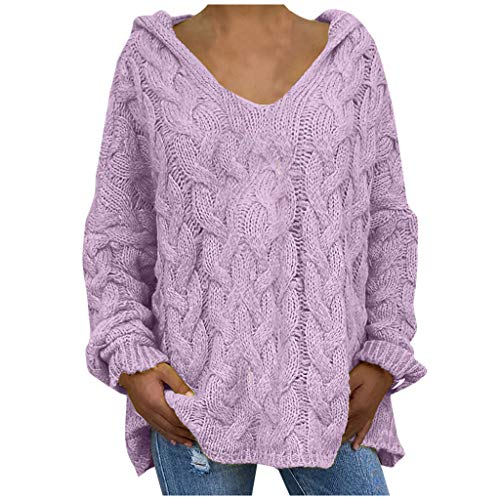 Oversize Sweater Damen Strickpullover Frauen Sexy Pullover Kapuze Langarm Shirt V-Ausschnitt Casual T-Shirt von lbert