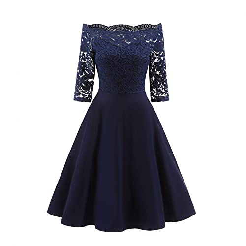 Spitze Kleid Damen Festlich Midikleid Retro Schulterfrei Abendkleid Elegant Rockabilly Partykleid Halbarme Swing Cocktailkleider Einfarbig Ballkleid Abendkleider für Hochzeit von lbert