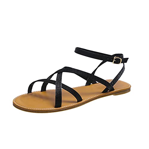 Lcybem Flache Sandalen für Damen, Sommer, Kreuz, Riemen, Freizeitschuhe mit offener Zehe, Sandale, Schwarz , 40 EU von lcybem