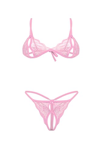 Damen Dessous Set BH Slip String aus Spitze Schritt offen erotische Unterwäsche Lingerie (Rosa, Universal) von le CABARET LINGERIE