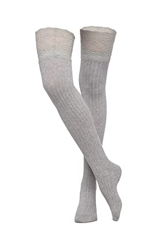 Strümpfe höhe Damen Stretchy blickdichte Kniestrümpfe Overknee Strümpfe mit Spitze (DE/NL/SE/PL, Alphanumerisch, S, M, Regular, Regular, hellgrau) von le CABARET LINGERIE