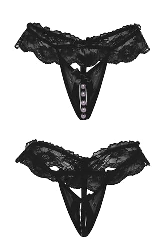 le CABARET LINGERIE Damen Sexy String Spitze Unterwäsche Unterhose Dessous dünn dehnbar Slip mit Perlen (universal, schwarz) von le CABARET LINGERIE