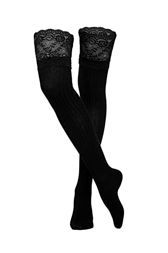le CABARET LINGERIE Strümpfe höhe Damen Stretchy blickdichte Kniestrümpfe Overknee Strümpfe mit Spitze (DE/NL/SE/PL, Alphanumerisch, S, M, Regular, Regular, schwarz) von le CABARET LINGERIE