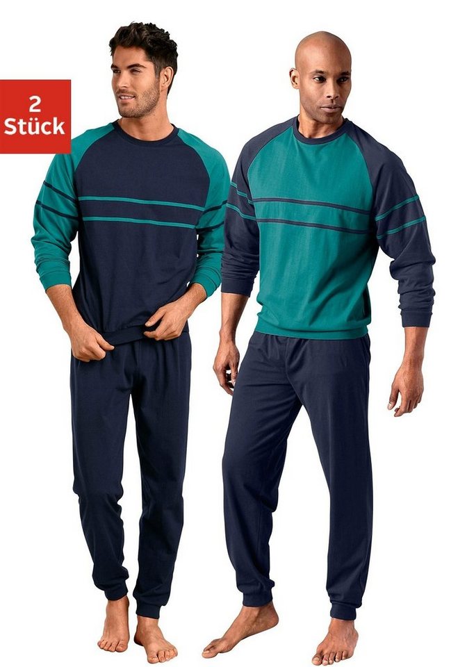 le jogger® Pyjama Schlafanzug für Herren im Doppelpack (Packung, 4 tlg., 2 Stück) in langer Form mit aufgesetzten Streifen von le jogger®