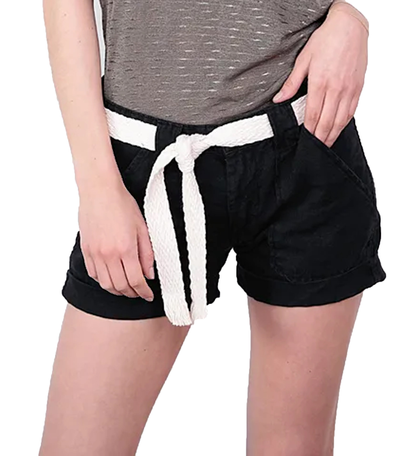 le temps des cerises Leinen Shorts Biss coole Damen Jeans-Shorts mit Gürtel Schwarz von le temps des cerises