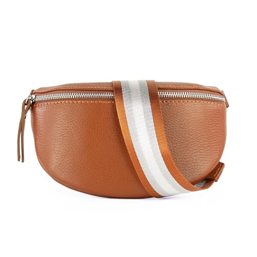 lePelou Leder Bauchtasche für Damen mit Wechselgurt, Festival Tasche, Frauen Bauchtasche mit breitem Schultergurt, Kleine Umhängetasche, Crossbody Tasche, Geschenk für Damen (Cognac 3, S) von lePelou