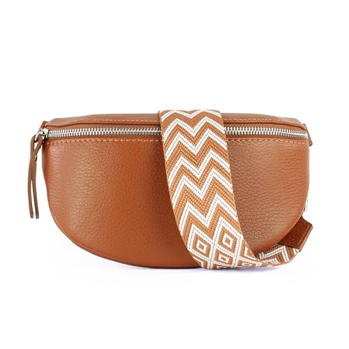 lePelou Leder Bauchtasche für Damen mit Wechselgurt, Festival Tasche, Frauen Bauchtasche mit breitem Schultergurt, Kleine Umhängetasche, Crossbody Tasche, Geschenk für Damen (Cognac 7, L) von lePelou