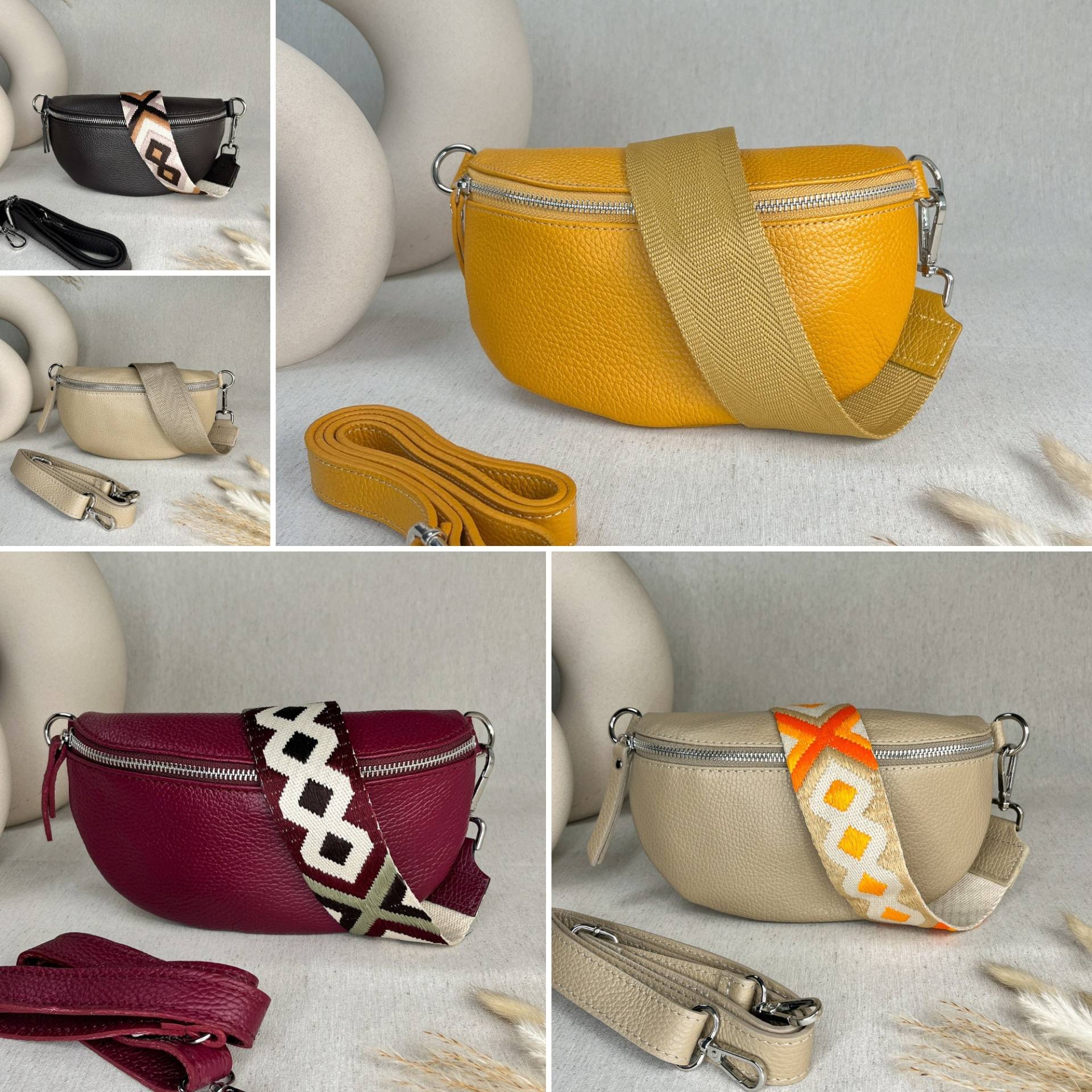 Frauen Leder Bauchtasche, Crossbody Bag Mit Gemustertem Gurt, Umhängetasche, Festival Tasche, Schultergurt von lePelouStudio