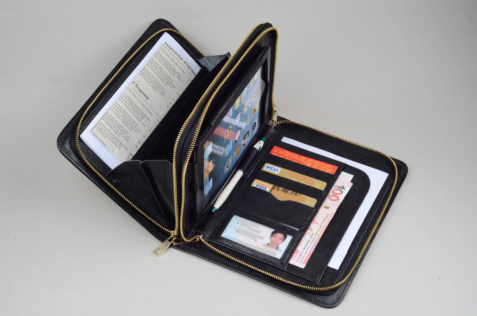 Ipad Mini Ledertasche Schwarz Doppelreißverschluss Geldbörse Clutch Mit Griff von leathercase