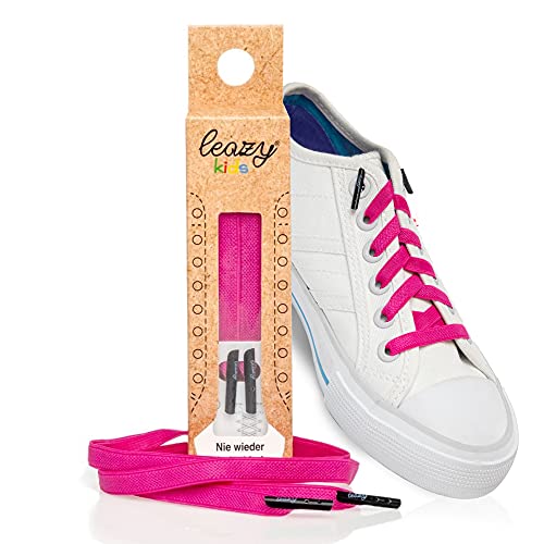 leazy Kids – elastische Schnürsenkel ohne Binden für Kinder – selbstbindende Gummi Schuhbänder flach für Sneaker, Sportschuhe uvm. – Schnellverschluss mit starkem Halt für 5 Ösen pro Seite (Neonpink) von leazy